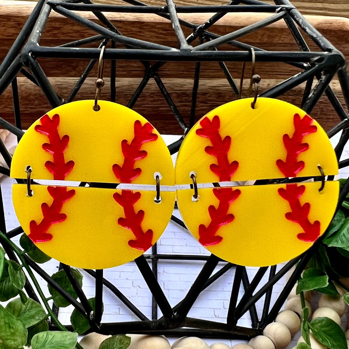Yellow Red Stitch Leopard Softball Earrings view 3