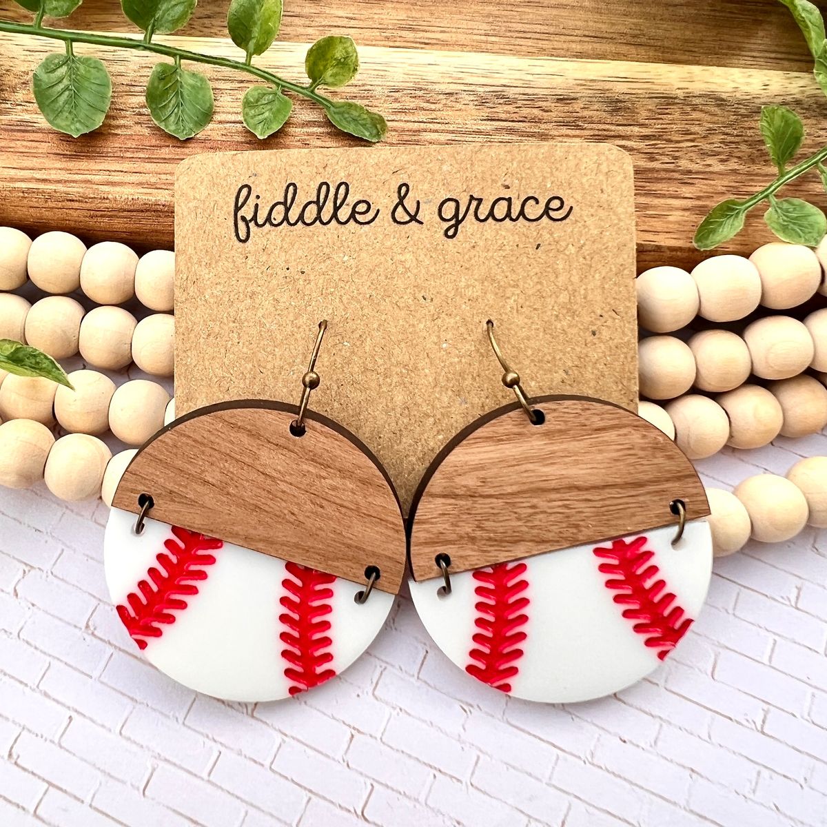 Wood Red Stitch Baseball Earrings