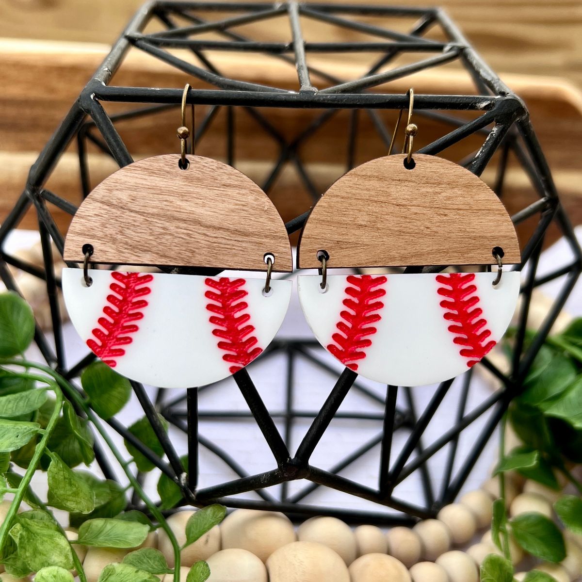 Wood Red Stitch Baseball Earrings view 2