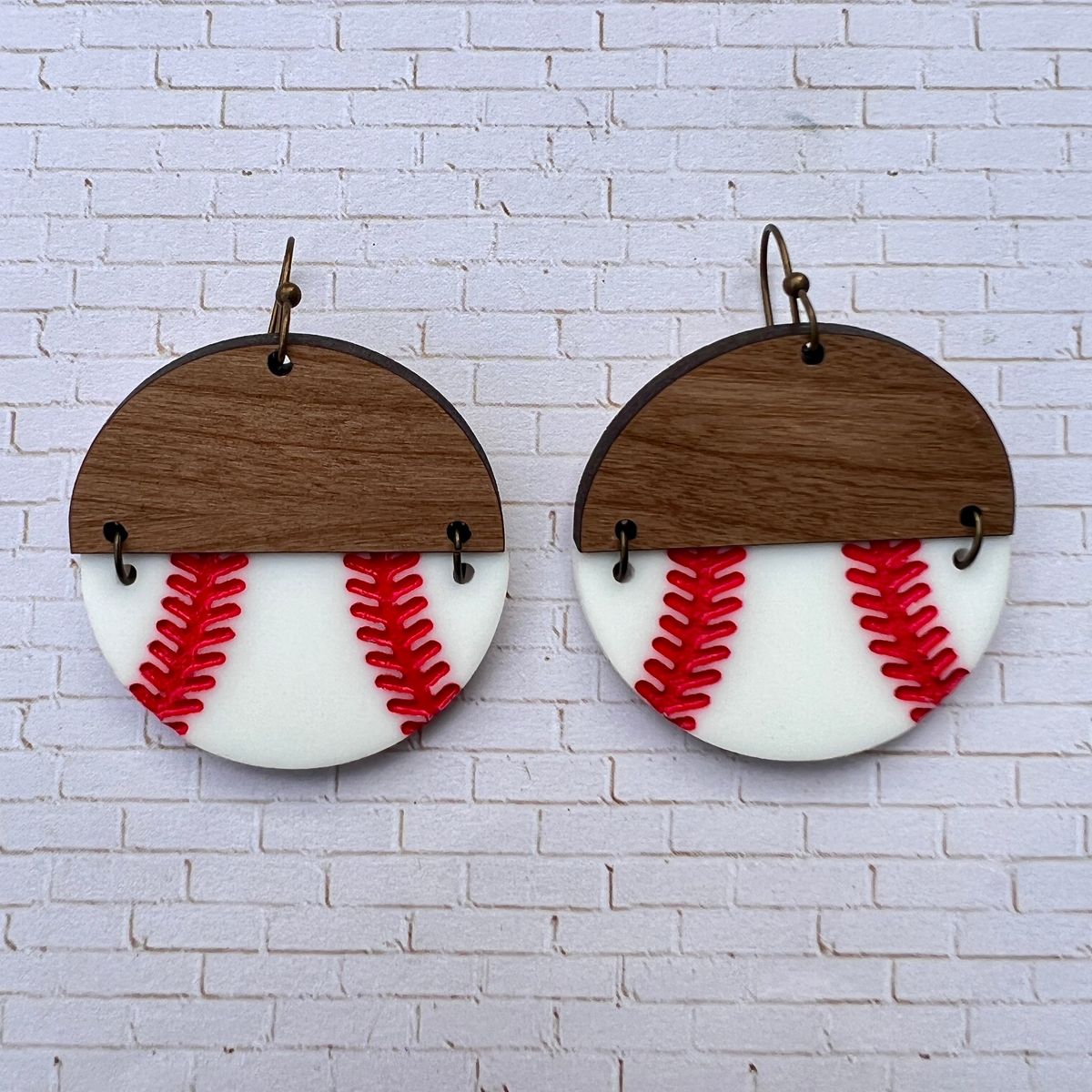 Wood Red Stitch Baseball Earrings view 3