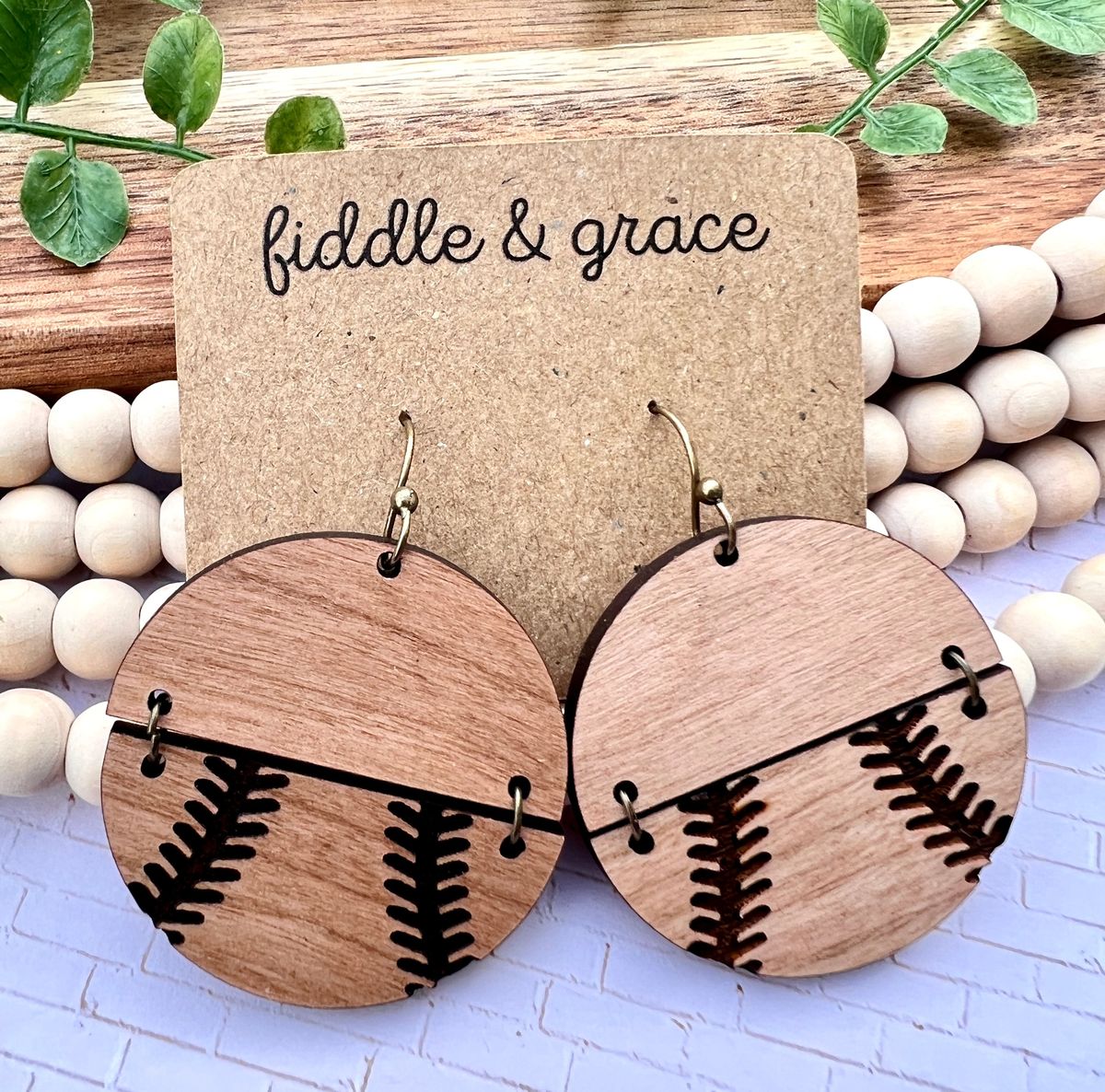Wood Grain Baseball Earrings