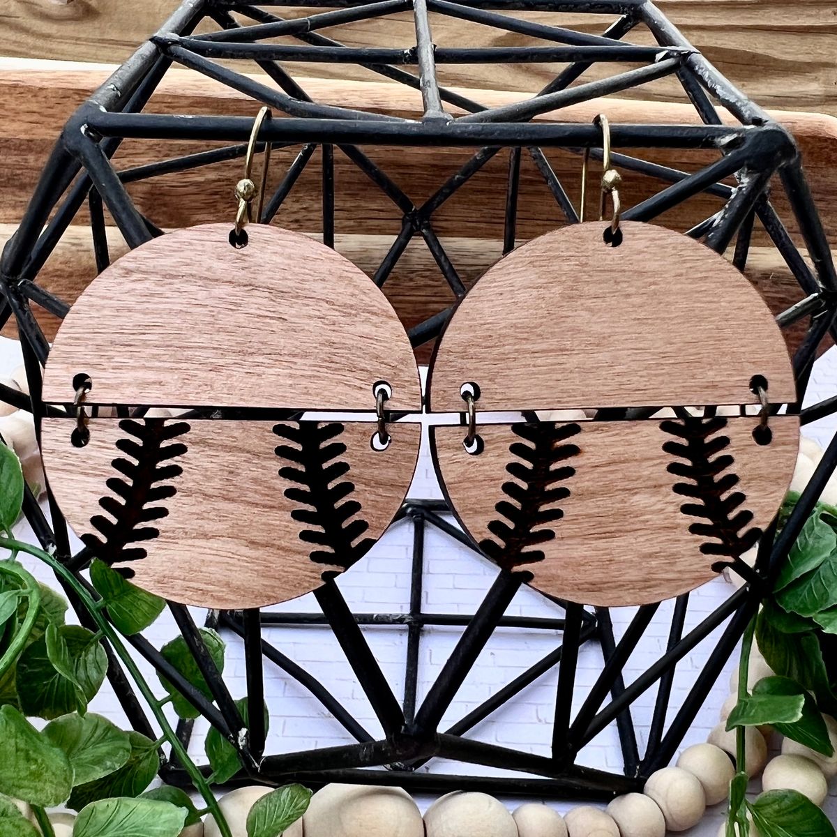 Wood Grain Baseball Earrings view 2