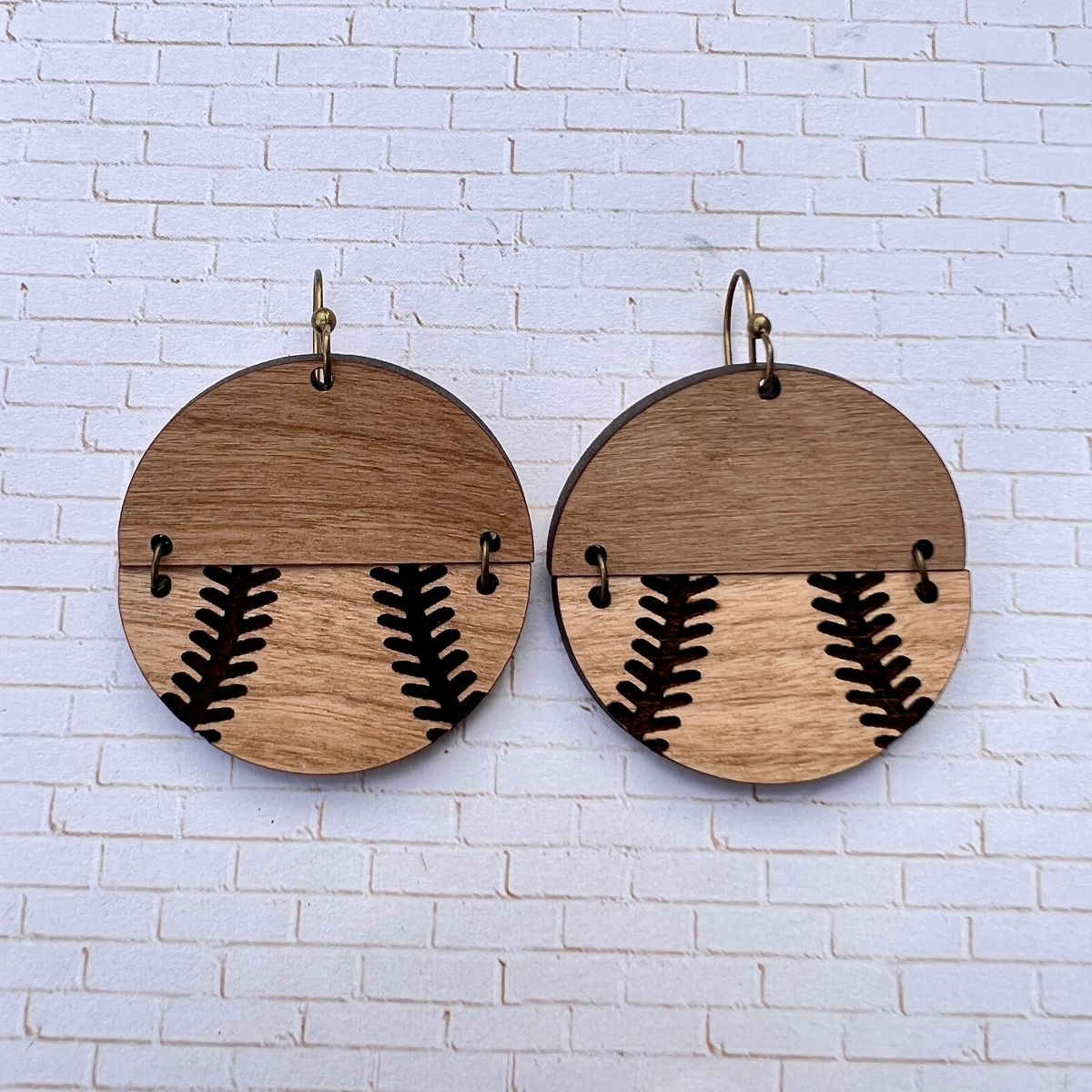 Wood Grain Baseball Earrings view 3