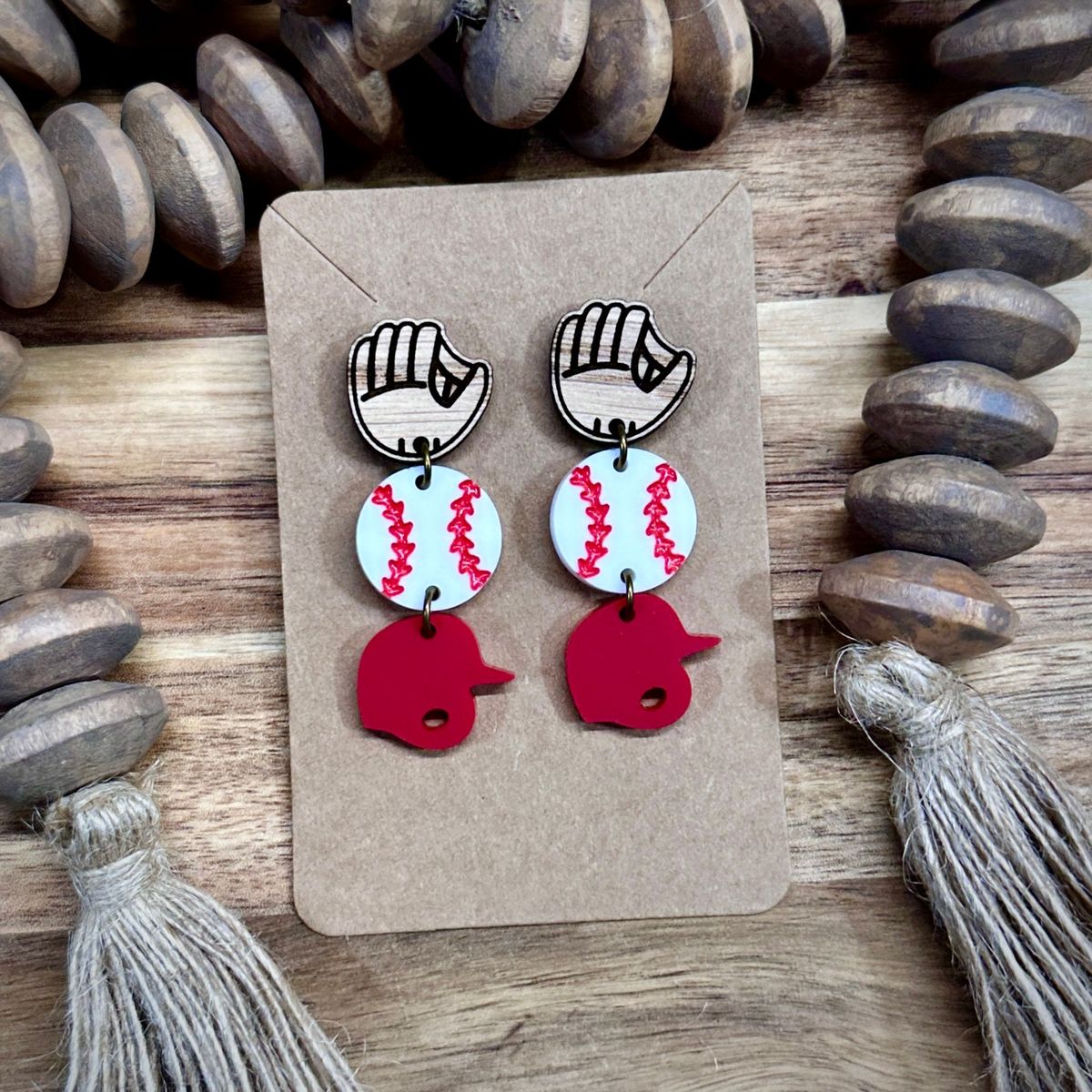 Cherry Wood Baseball Hand-Painted Earring