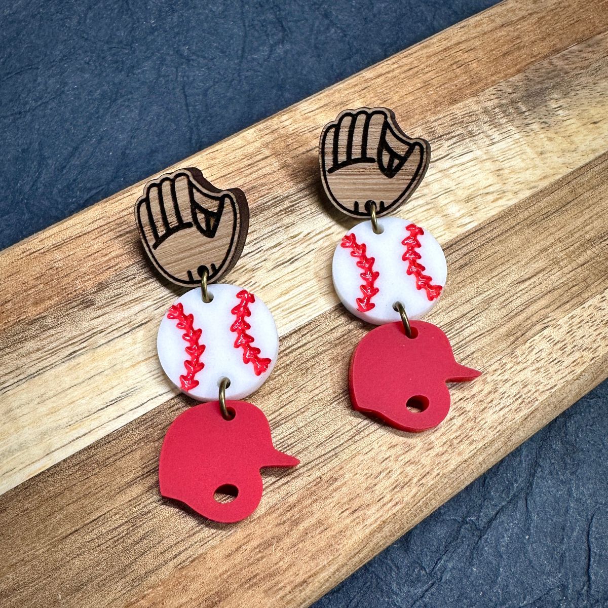 Cherry Wood Baseball Hand-Painted Earring view 2
