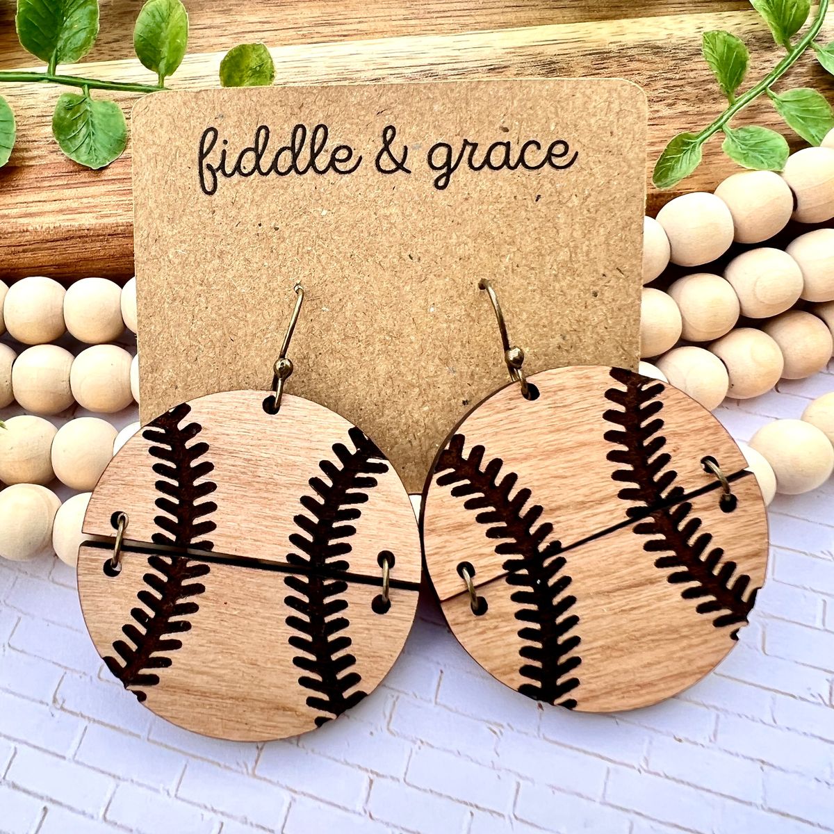 Black Stitch Wood Baseball Earrings