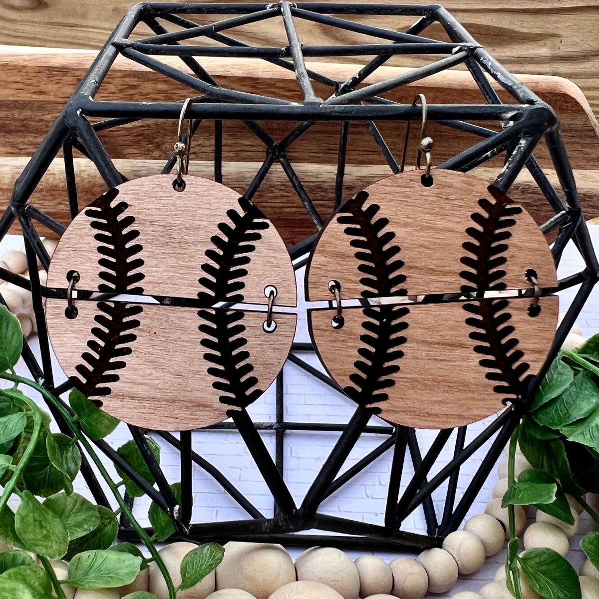 Black Stitch Wood Baseball Earrings view 2