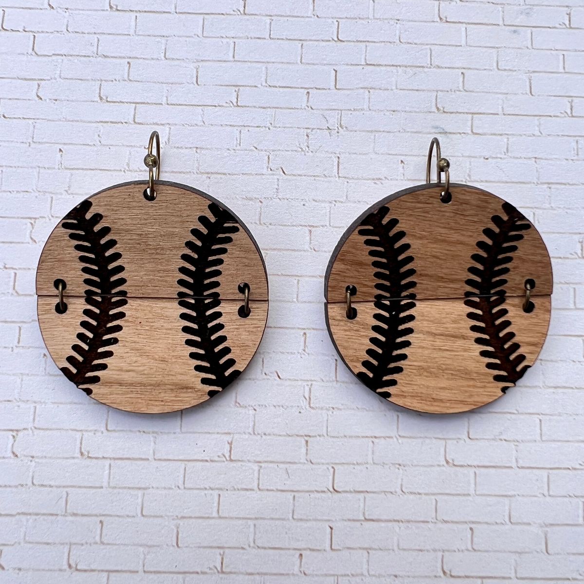 Black Stitch Wood Baseball Earrings view 3