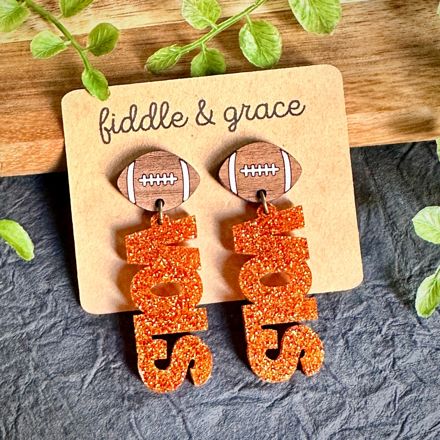 Orange Glitter UT Volunteer Earrings: Walnut Football, Stainless Steel Studs