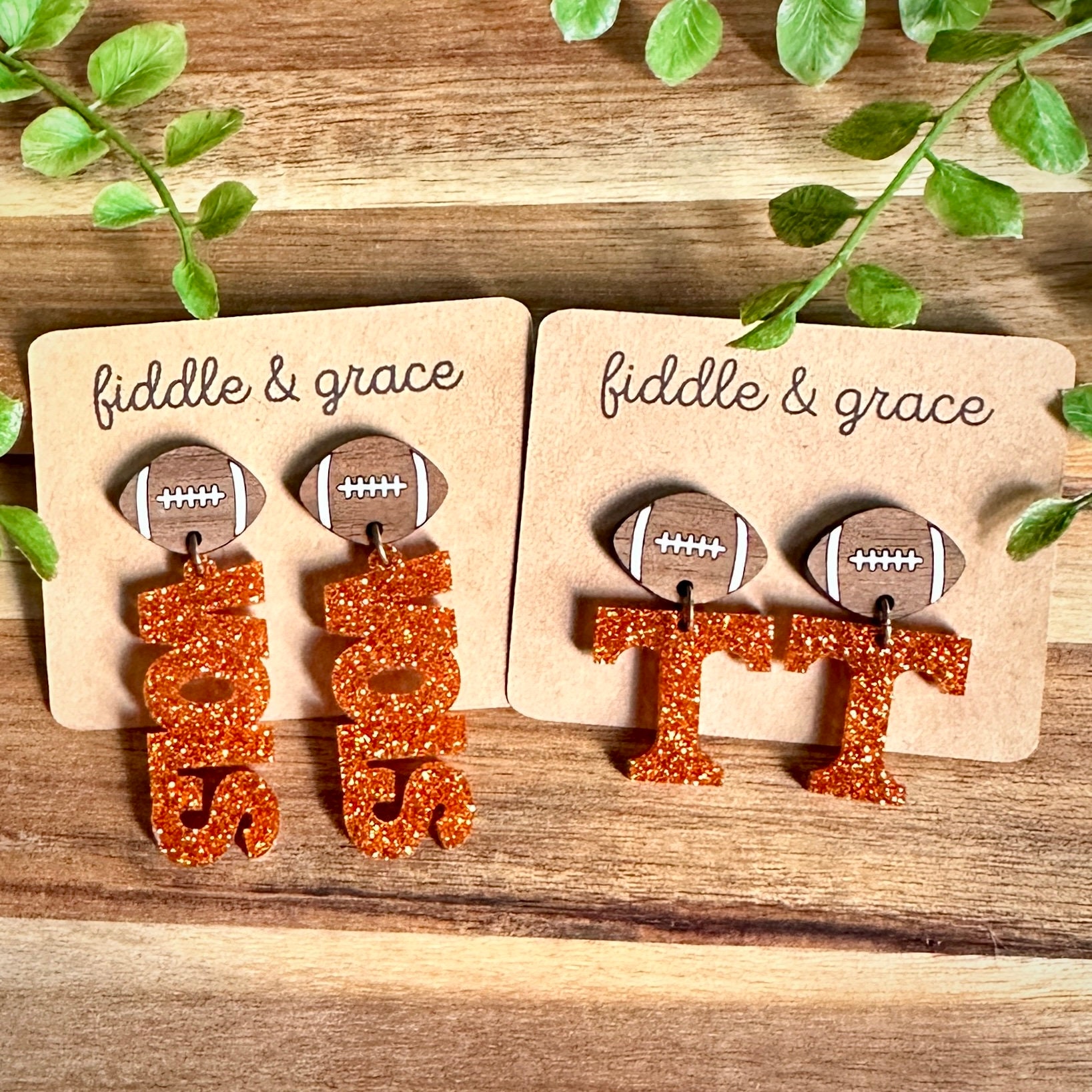Orange Glitter UT Volunteer Earrings: Walnut Football, Stainless Steel Studs view 3
