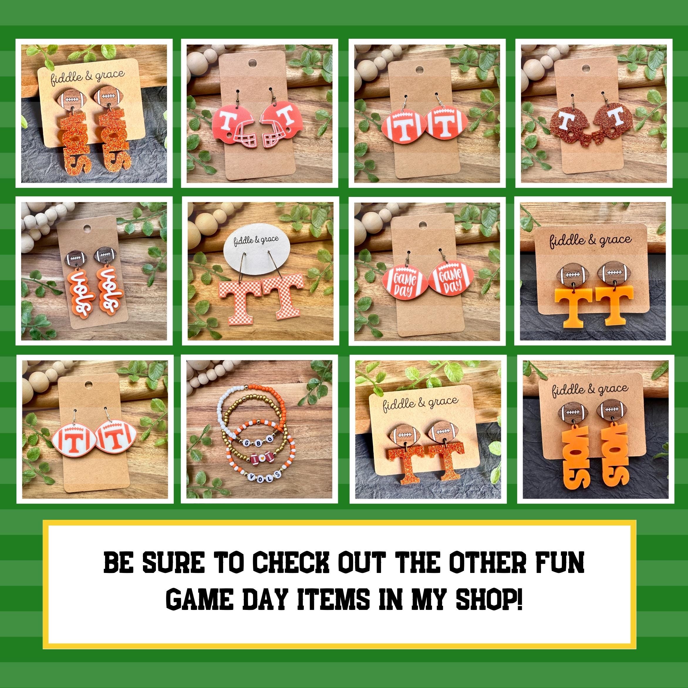 Orange Glitter UT Volunteer Earrings: Walnut Football, Stainless Steel Studs view 4