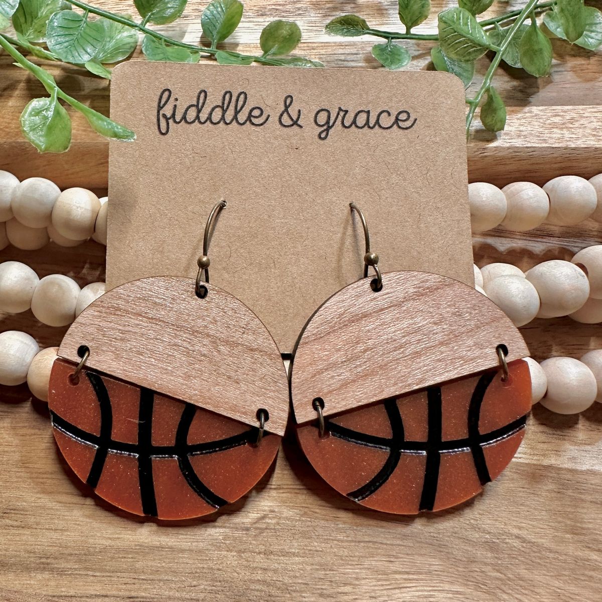 Natural Wood & Orange Basketball Half Earrings