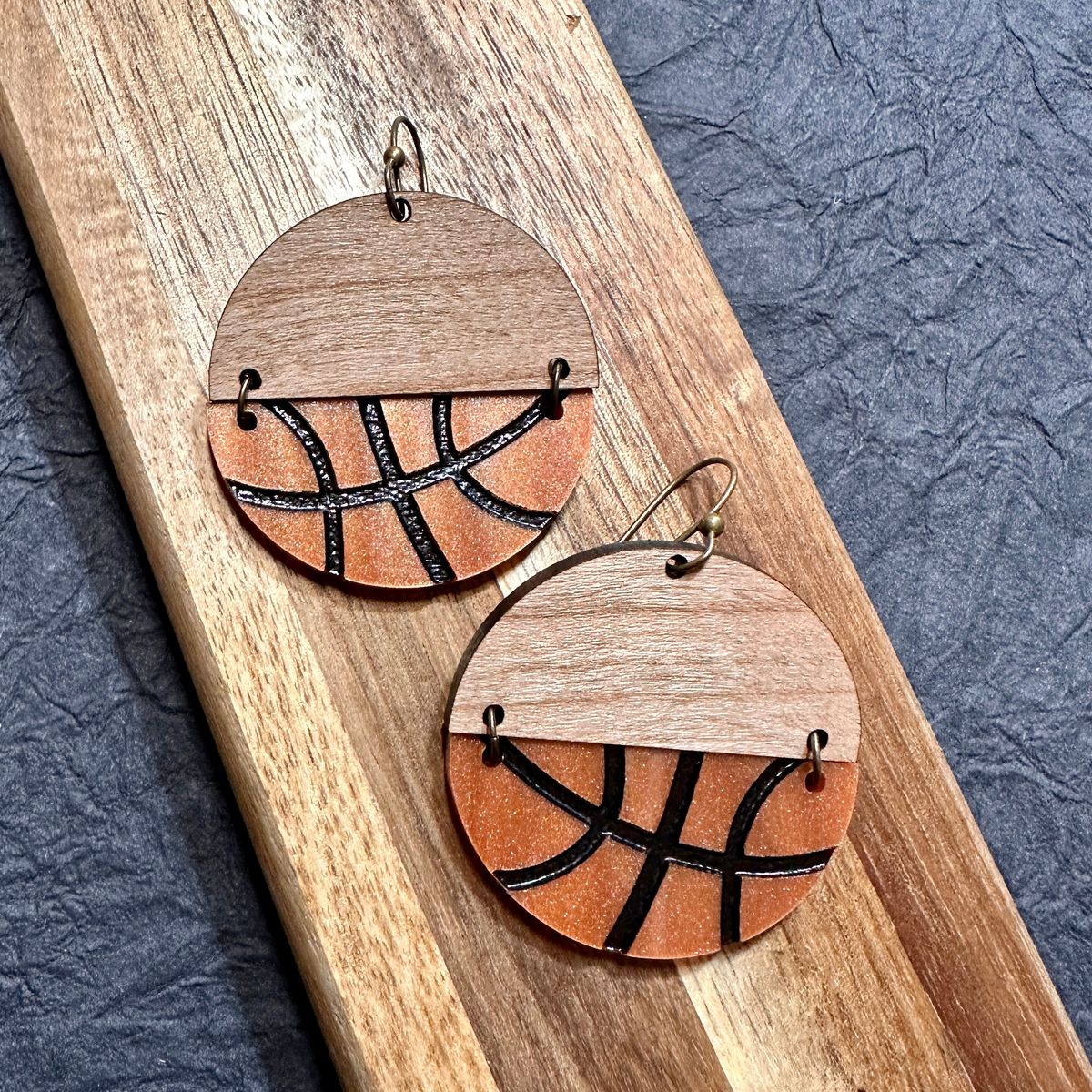 Natural Wood & Orange Basketball Half Earrings view 2