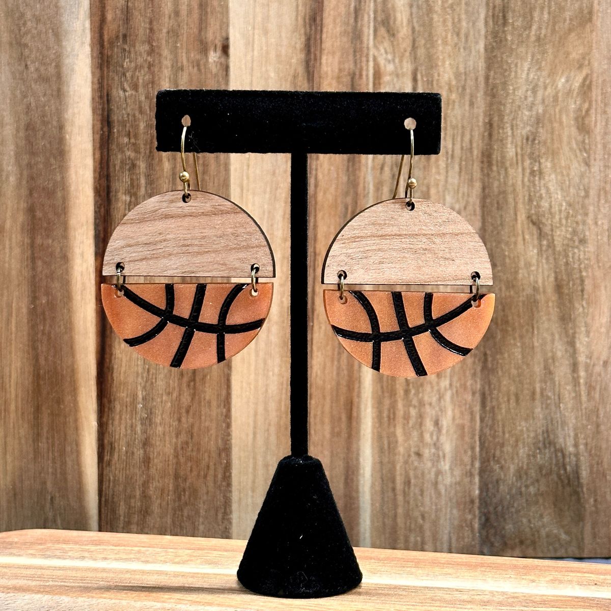 Natural Wood & Orange Basketball Half Earrings view 3