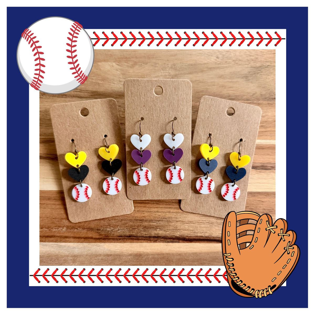 Multi-Color Heart Baseball Earrings