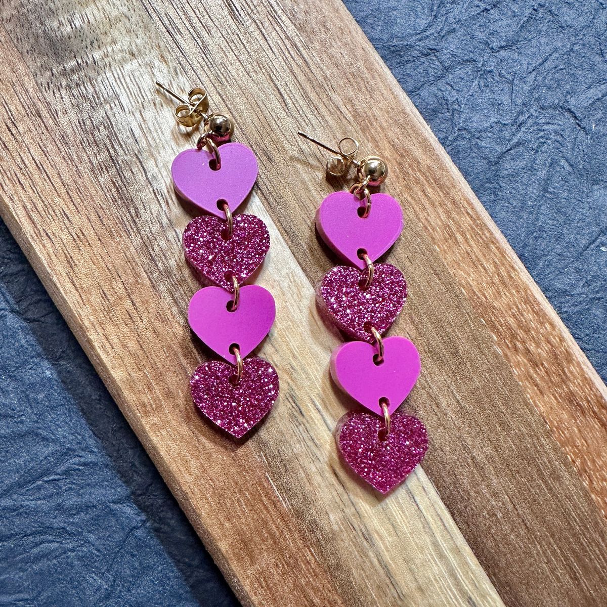 Fuchsia Glitter Stacked Heart Valentines Day Earrings view 2