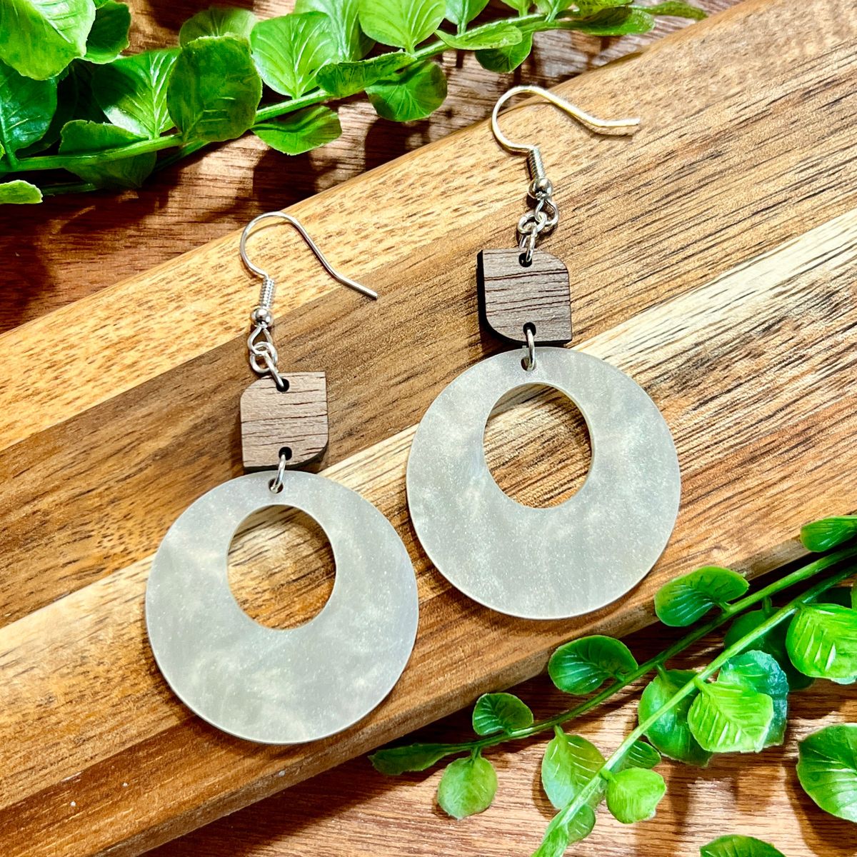 Wood and Silver Bliss Acrylic Earrings view 2