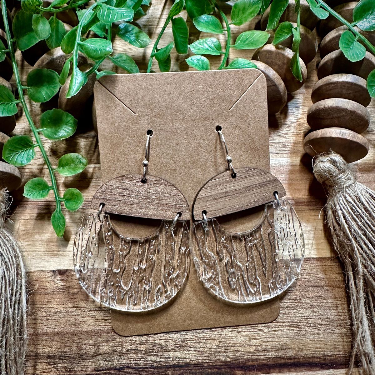 Natural Wood Semi-Circle Dangle Acrylic Earrings