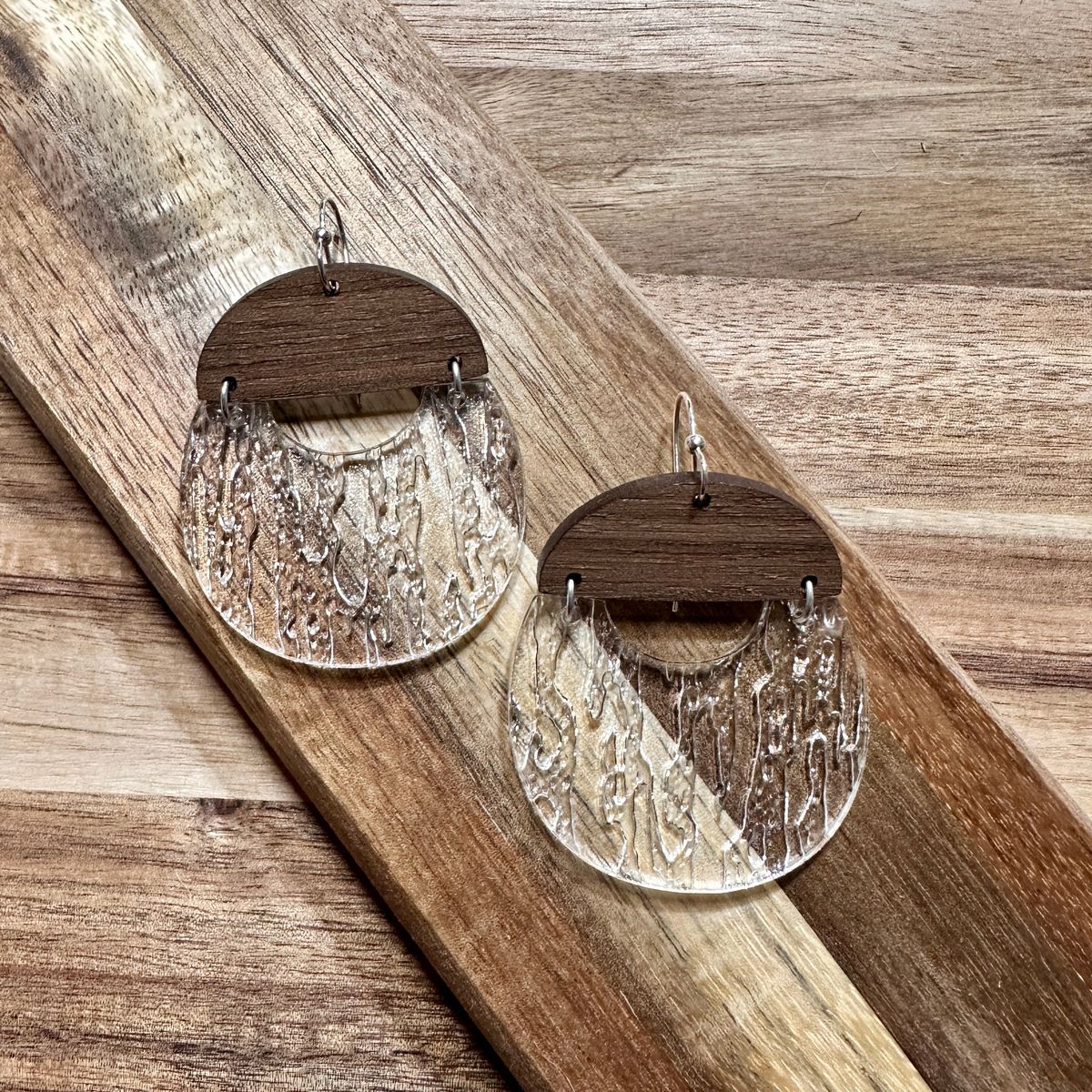 Natural Wood Semi-Circle Dangle Acrylic Earrings view 2