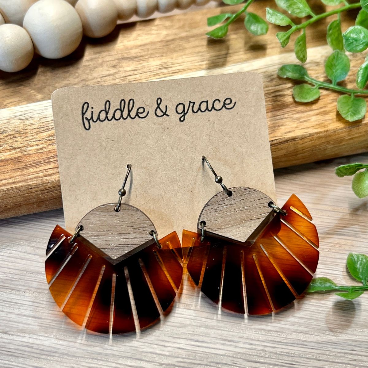 Wood and Tortoise Acrylic Earrings