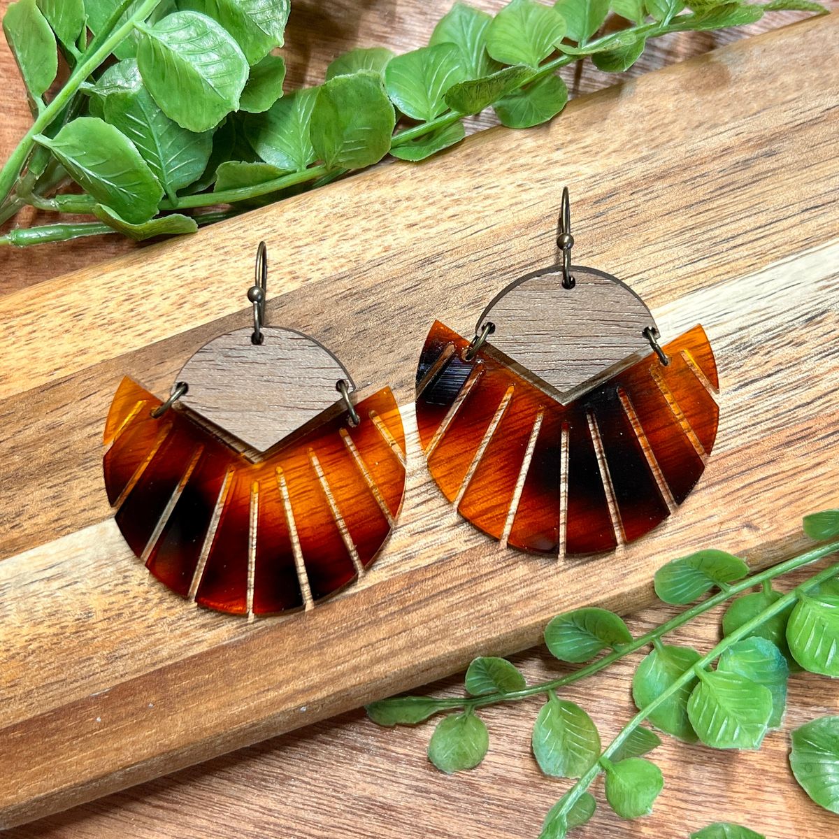 Wood and Tortoise Acrylic Earrings view 2