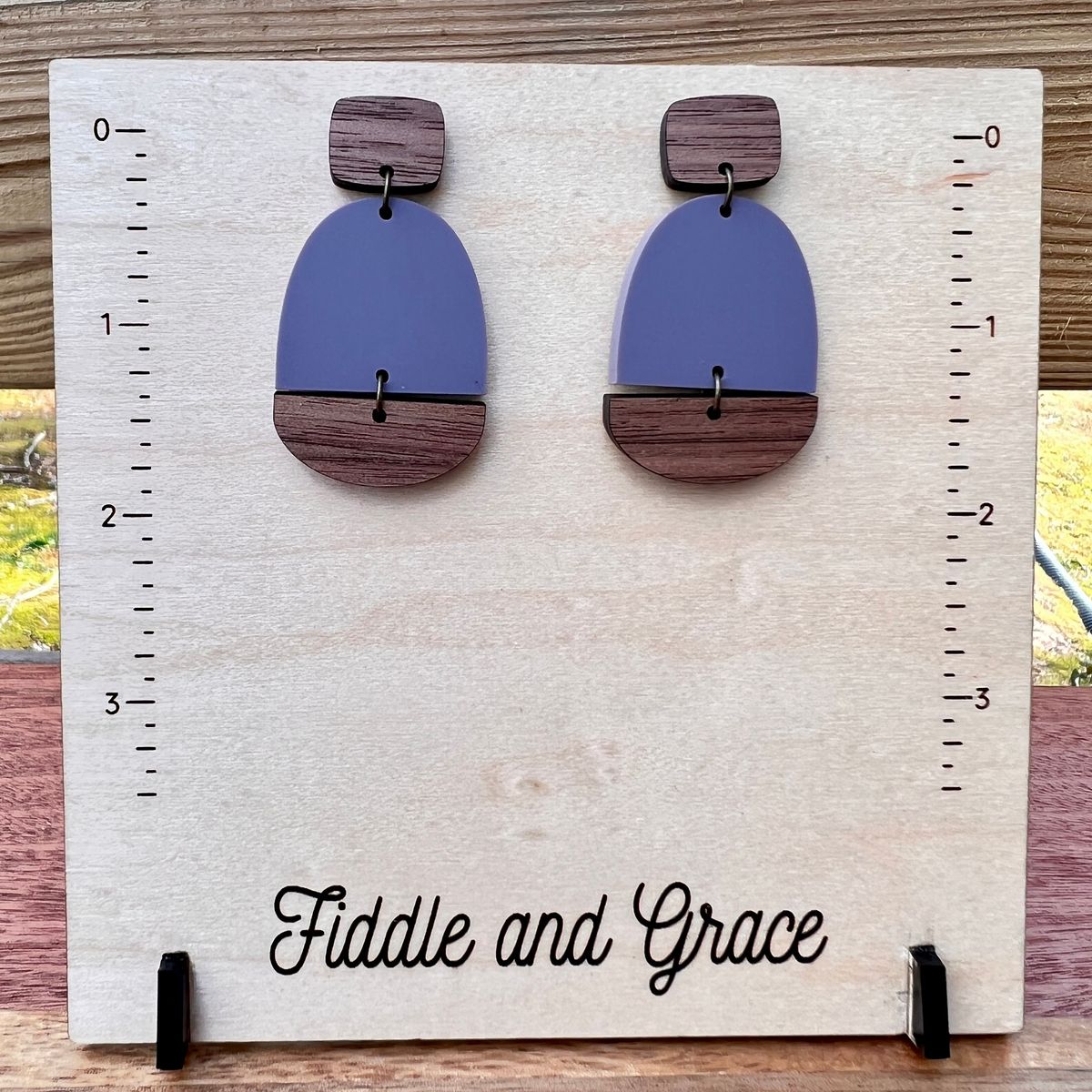 Periwinkle & Wood Block Geometric Dangle Earrings view 2