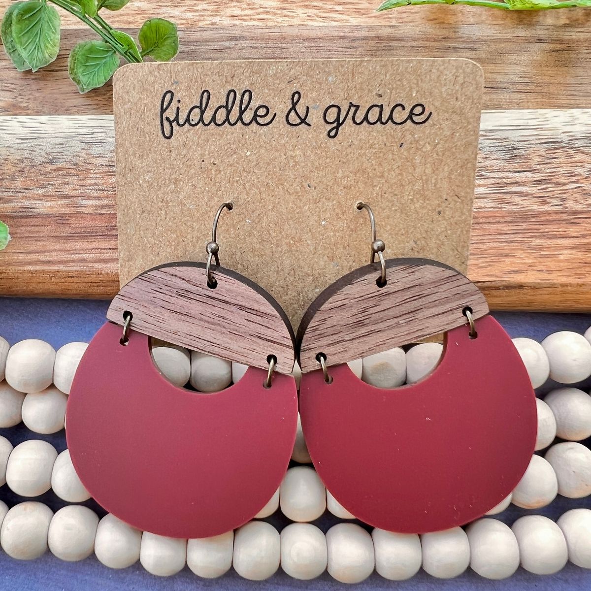 Burgundy & Wood Semi-Circle Dangle Earrings