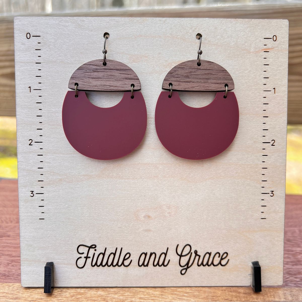 Burgundy & Wood Semi-Circle Dangle Earrings view 2