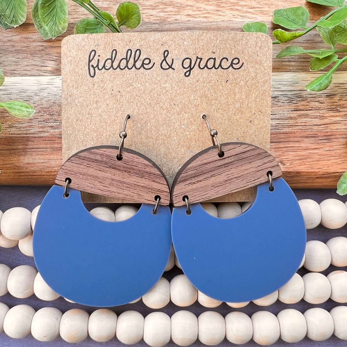 Burgundy & Wood Semi-Circle Dangle Earrings view 3