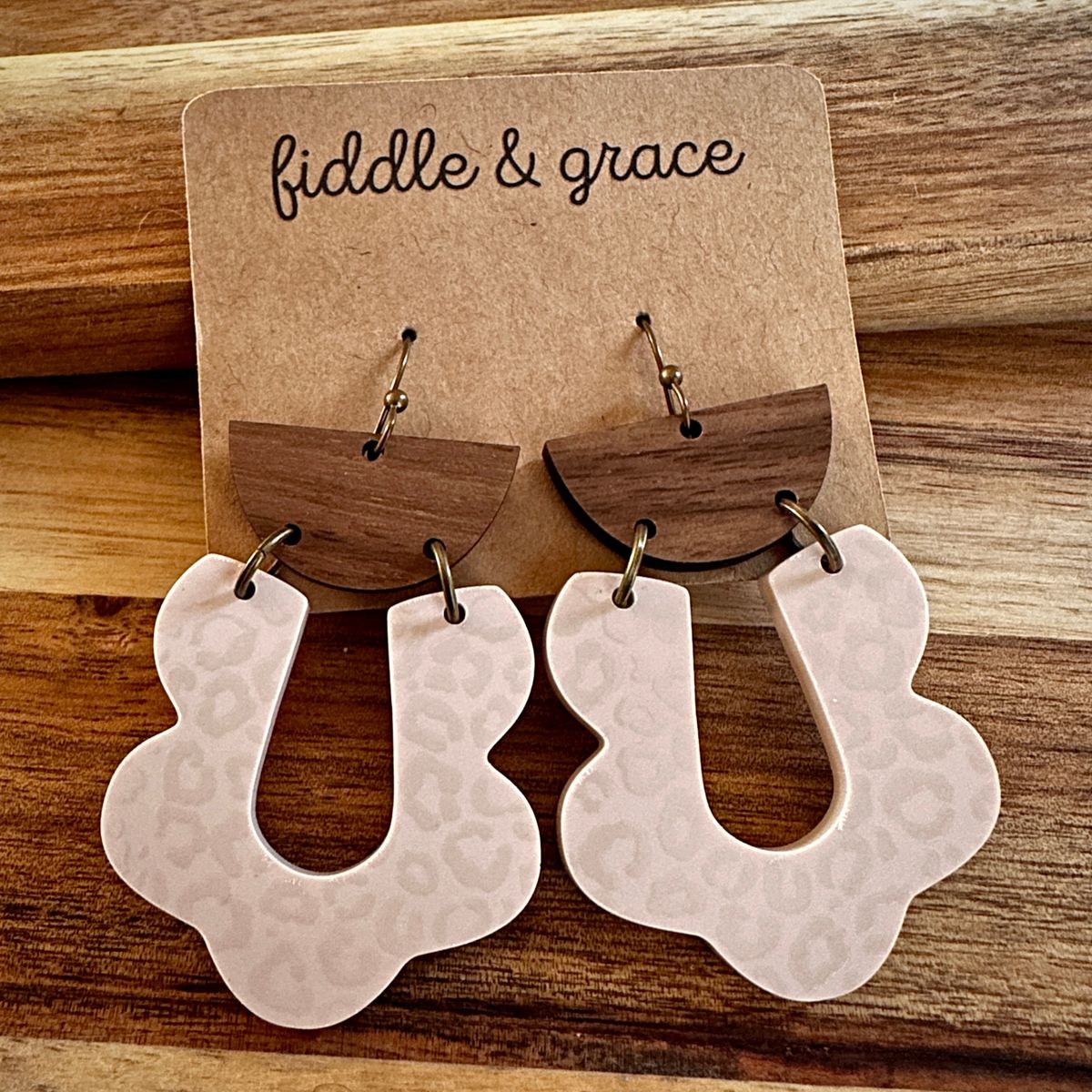 Wood and Nude Acrylic Leopard Print Earrings