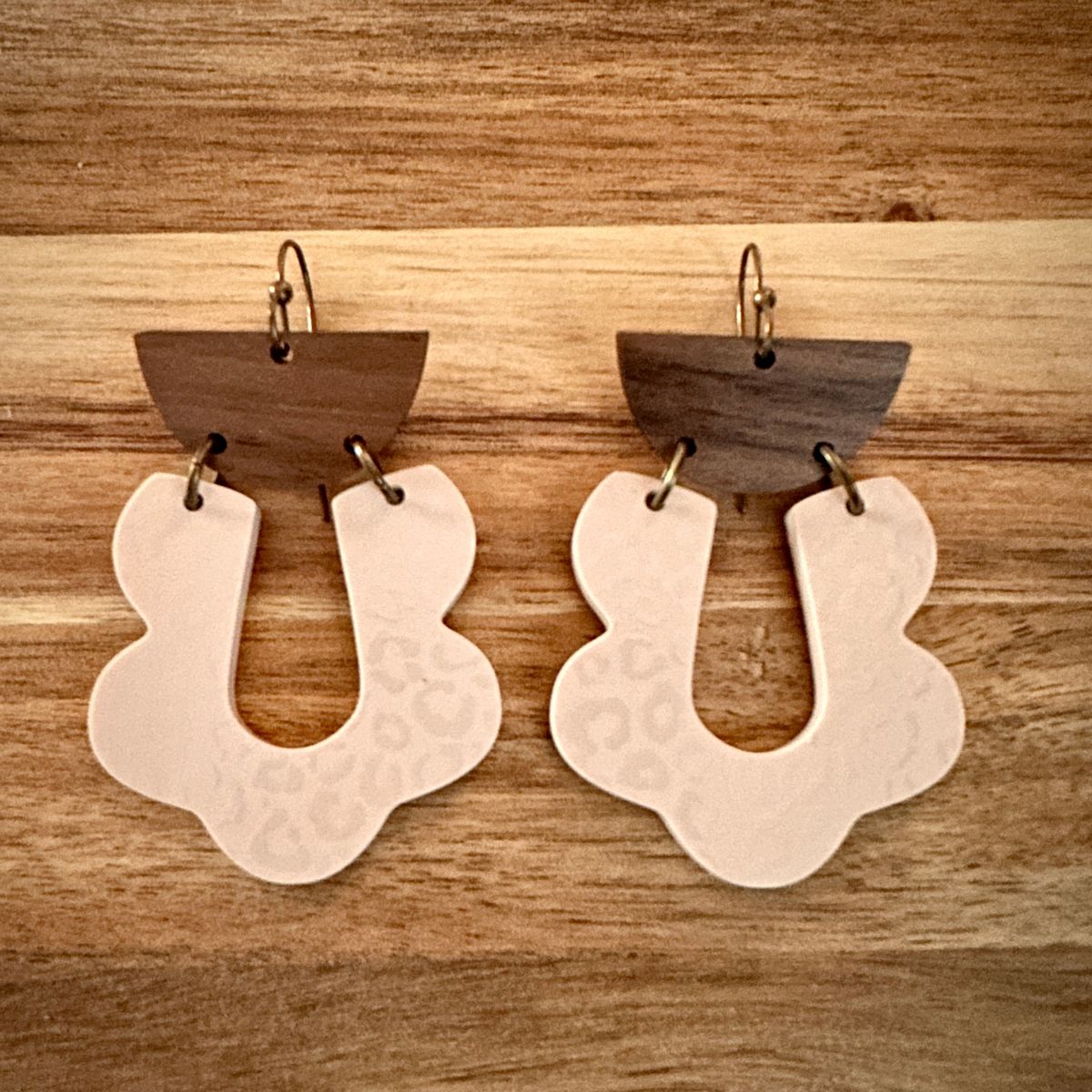 Wood and Nude Acrylic Leopard Print Earrings view 2