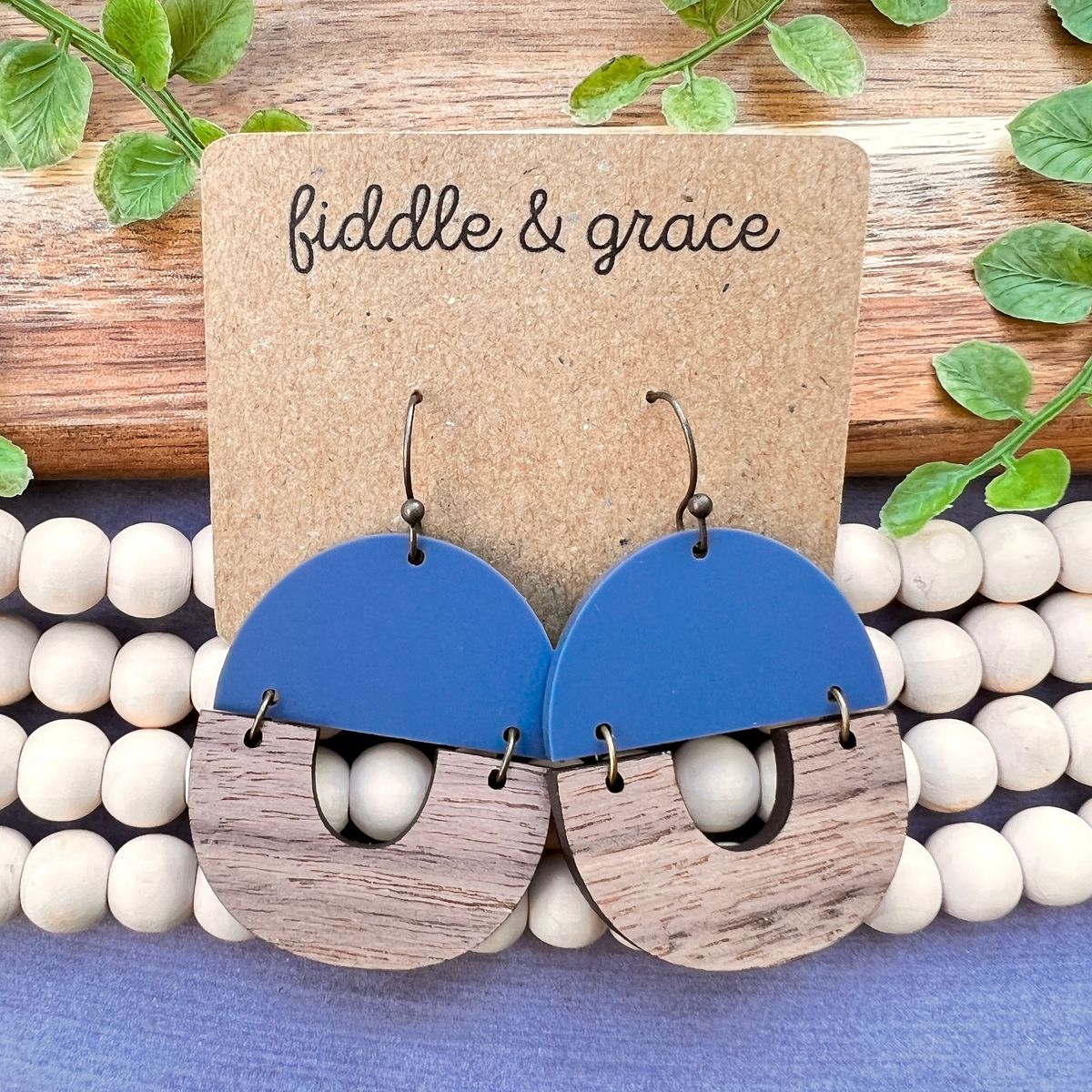 Blue and Wood Round Dangle Earrings