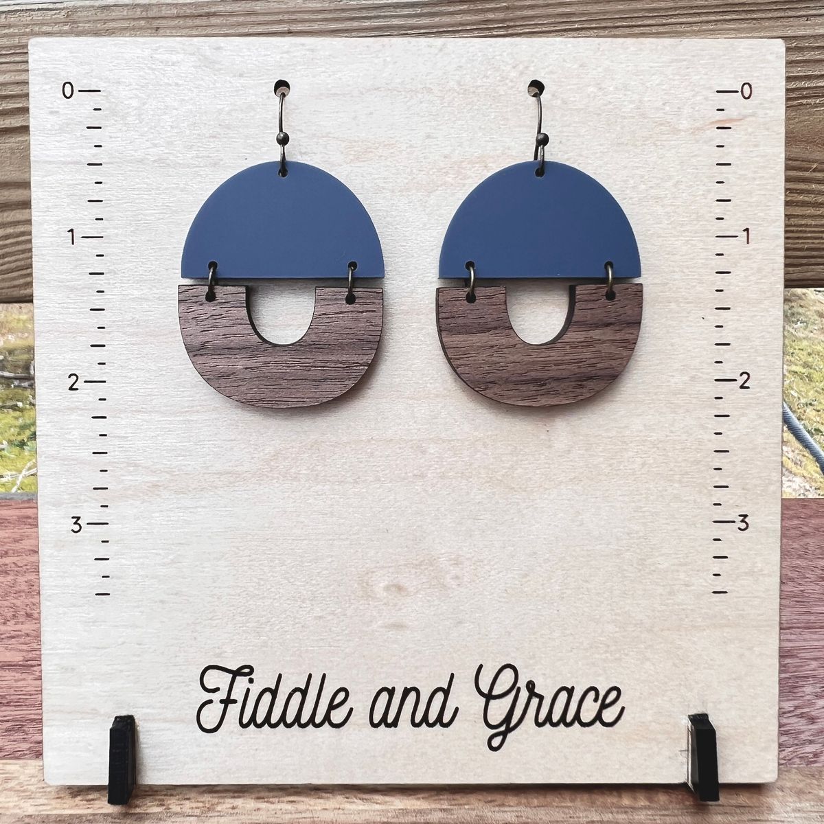 Blue and Wood Round Dangle Earrings view 2