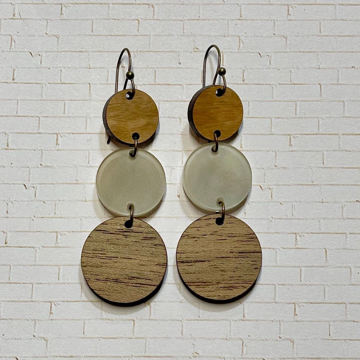 Stacked Circles Wood Dangle Earrings view 2