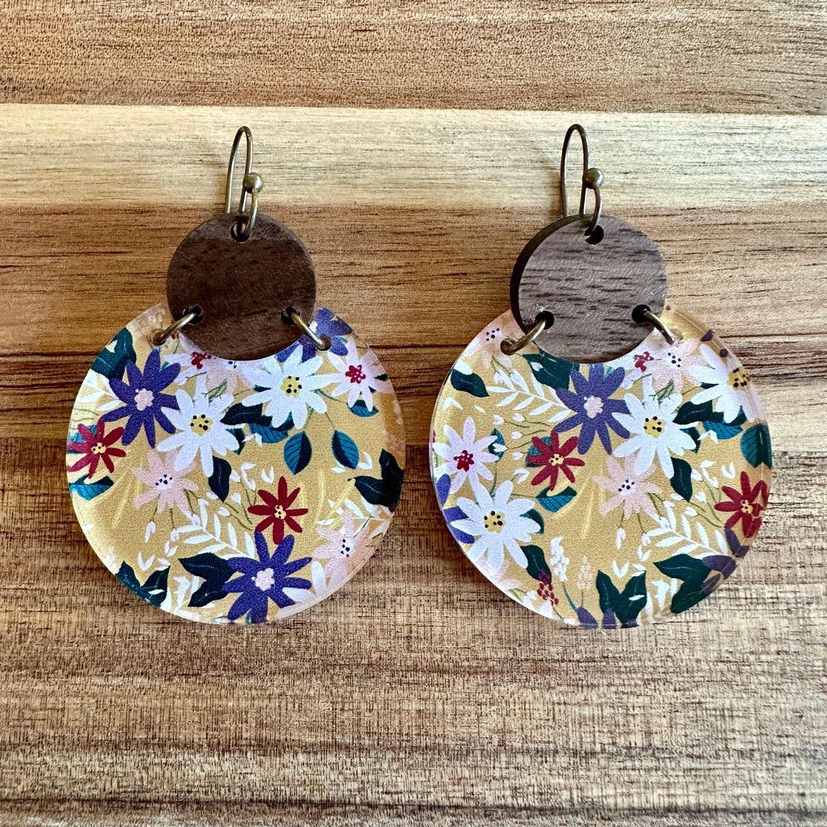 Floral Print Round Acrylic Dangle Earrings view 2