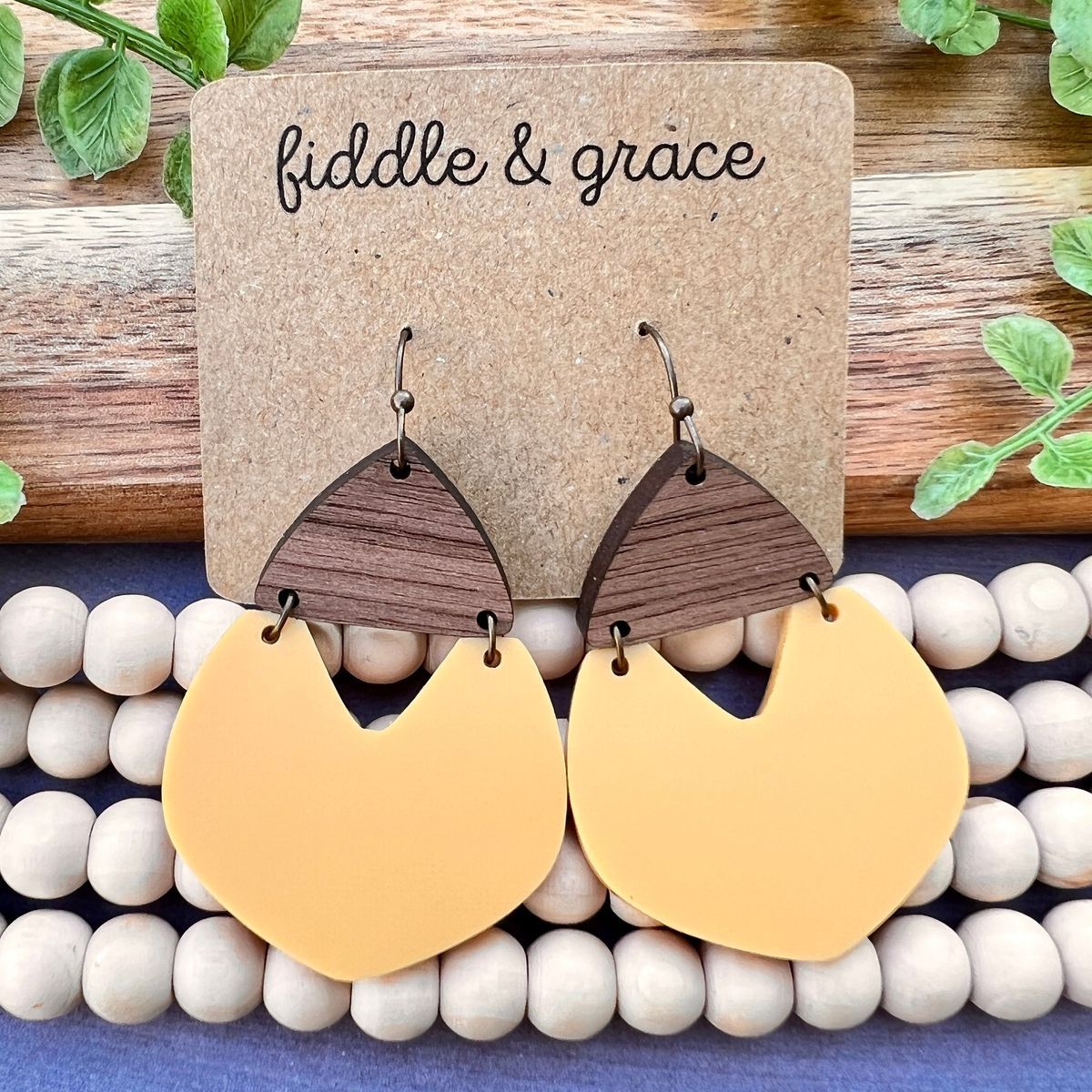 Wood and Soft Yellow Semicircle Acrylic Earrings