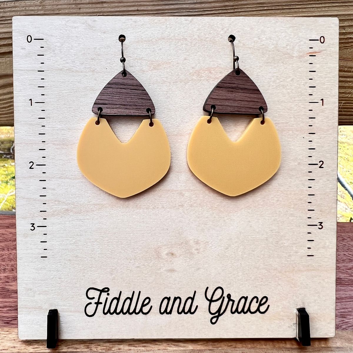Wood and Soft Yellow Semicircle Acrylic Earrings view 2
