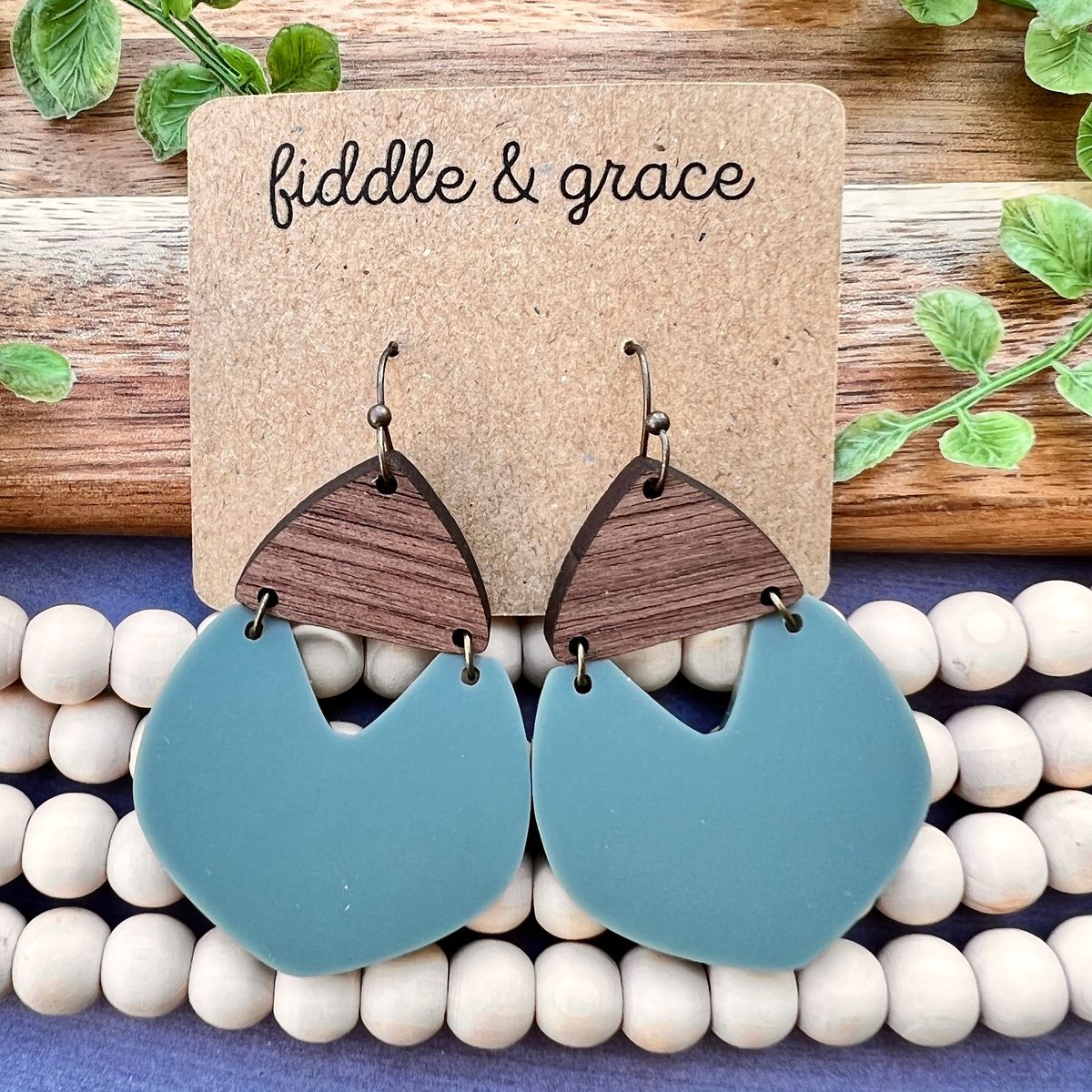 Wood and Soft Yellow Semicircle Acrylic Earrings view 3