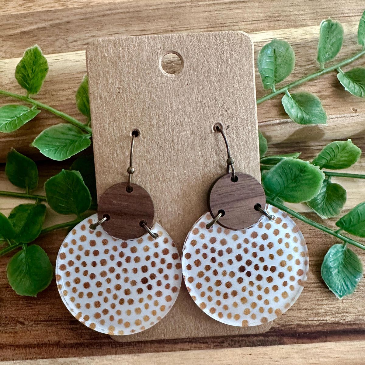 Brown Wood Polka Dot Dangle Earrings