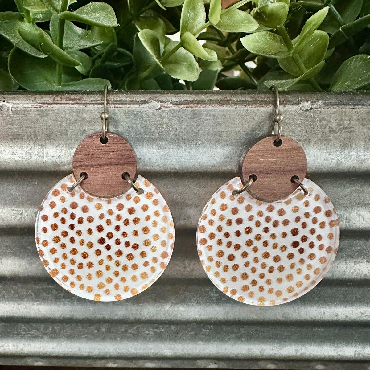 Brown Wood Polka Dot Dangle Earrings view 2
