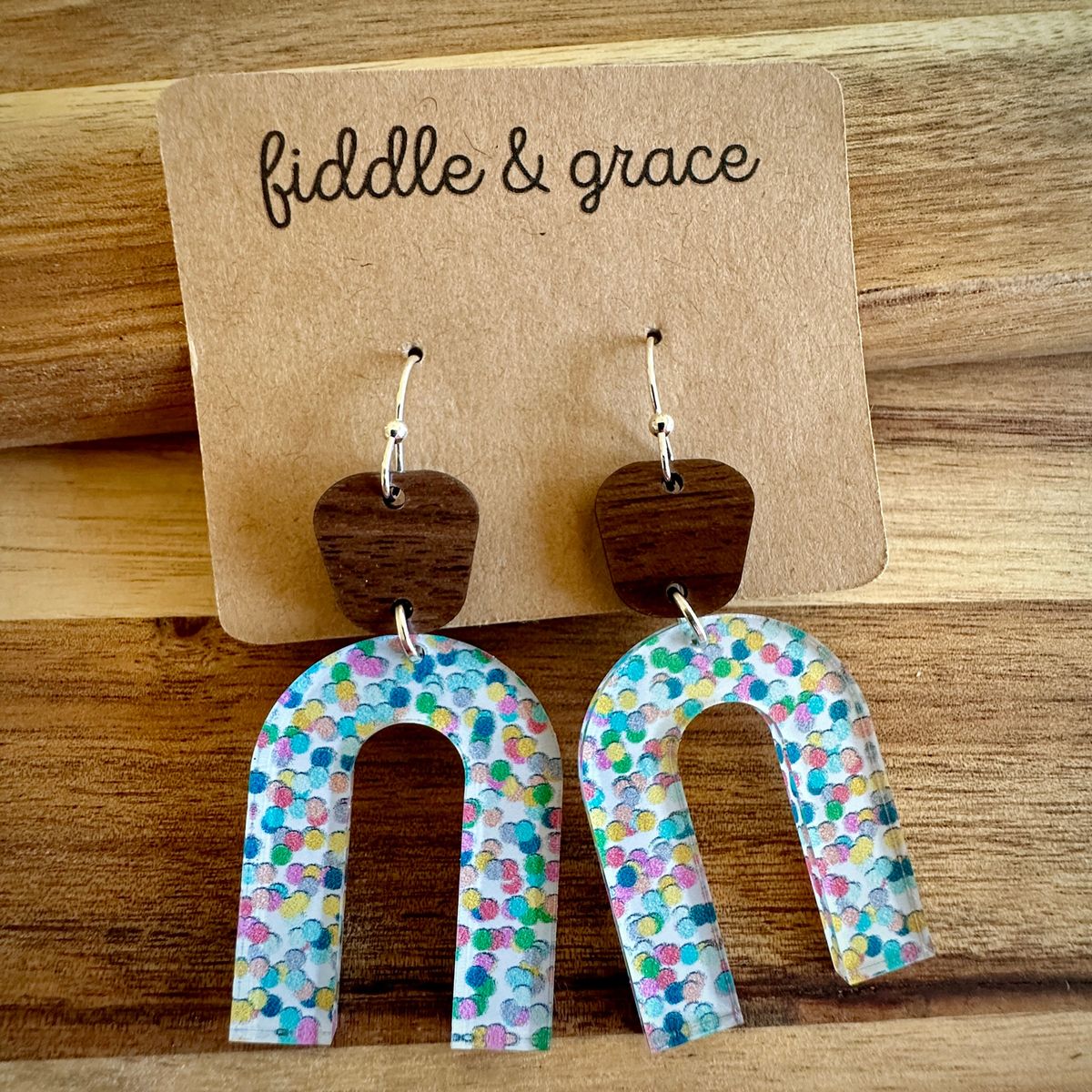 Wood and Polka Dot Acrylic Rainbow Dangle Earrings