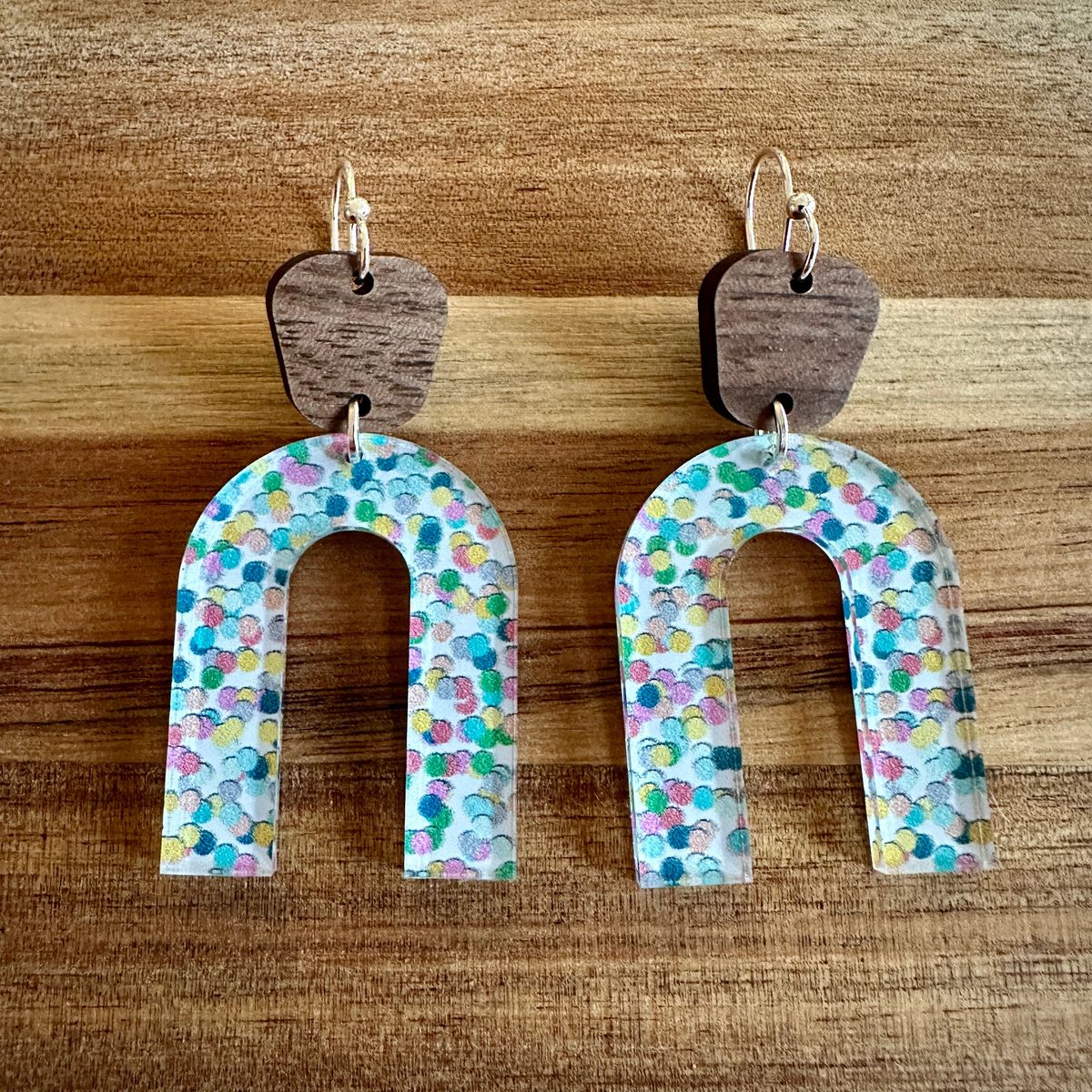 Wood and Polka Dot Acrylic Rainbow Dangle Earrings view 2