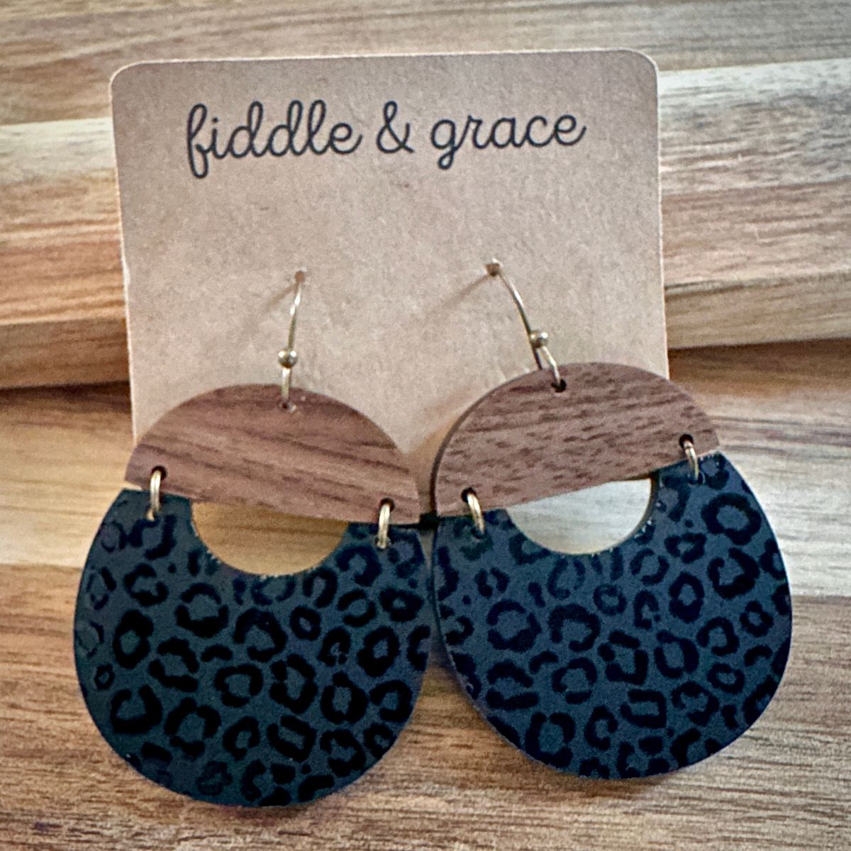 Black Leopard Print Wood Dangle Earrings