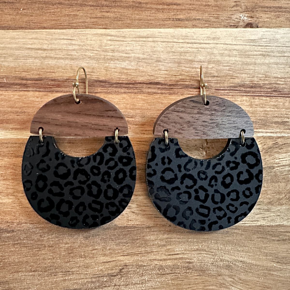 Black Leopard Print Wood Dangle Earrings view 2