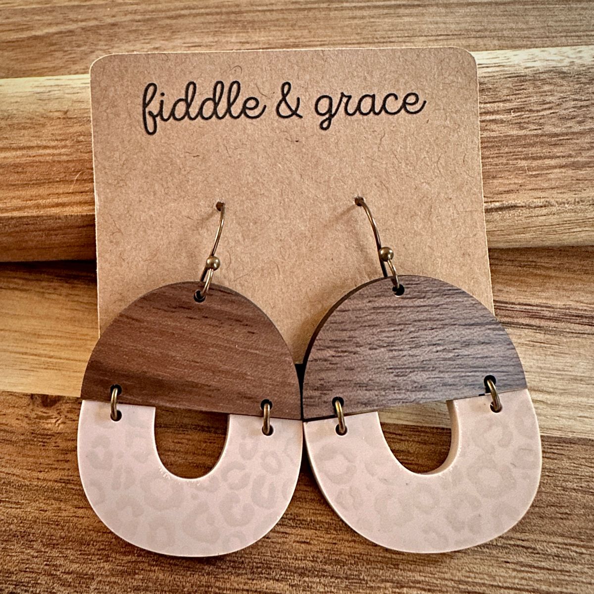 Nude Leopard Print Wood Dangle Earrings