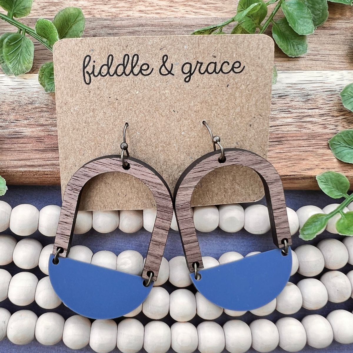 Wood and Blue Semicircle Dangle Earrings