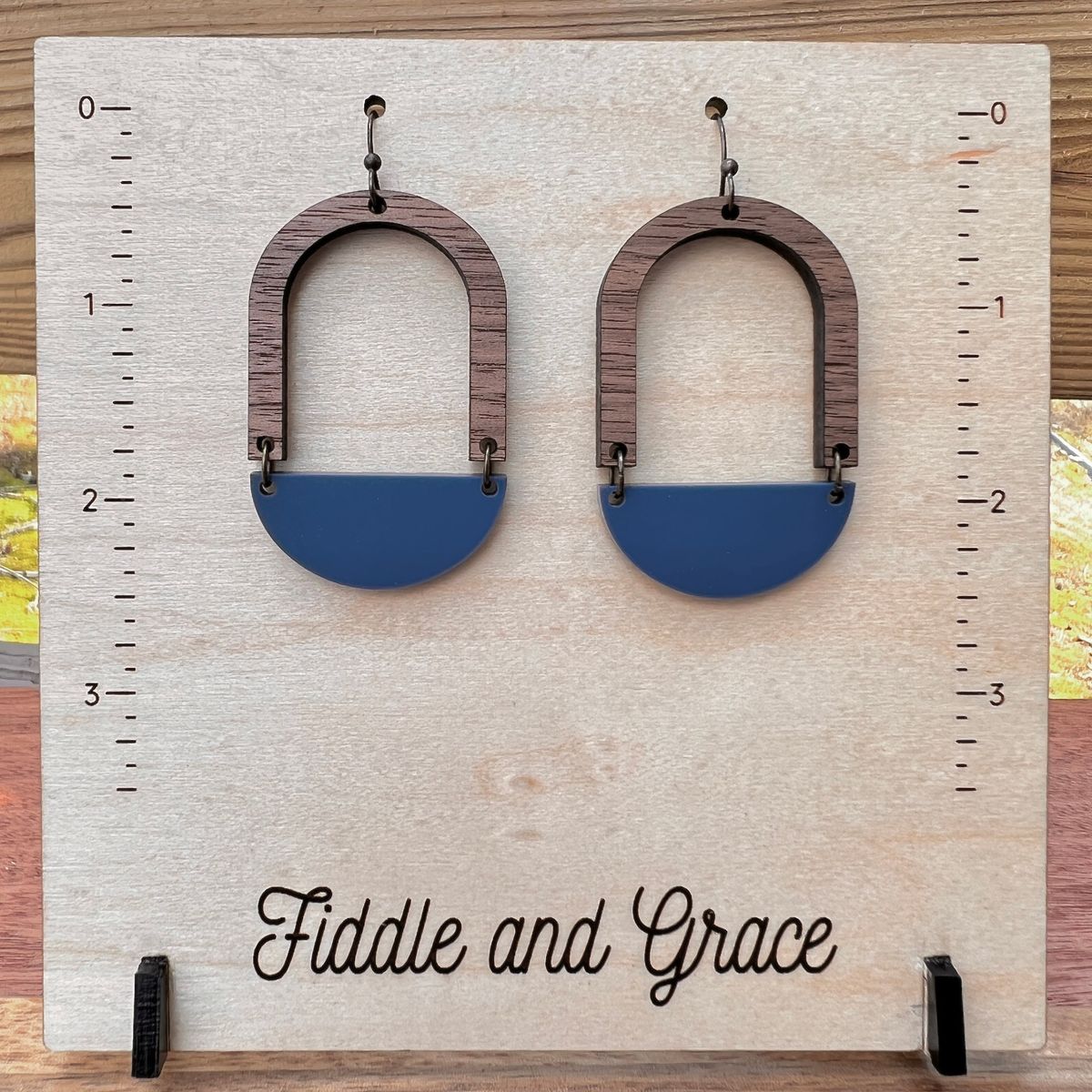 Wood and Blue Semicircle Dangle Earrings view 2