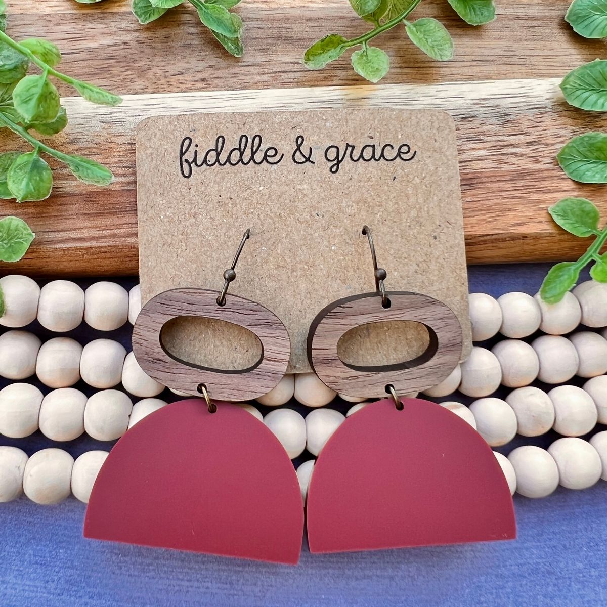 Wood and Raspberry Acrylic Semicircle Earrings