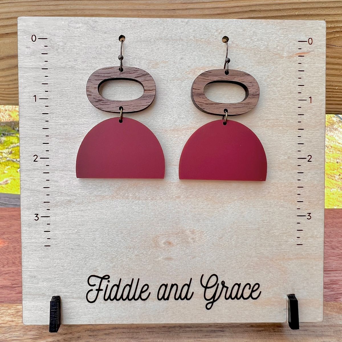 Wood and Raspberry Acrylic Semicircle Earrings view 2