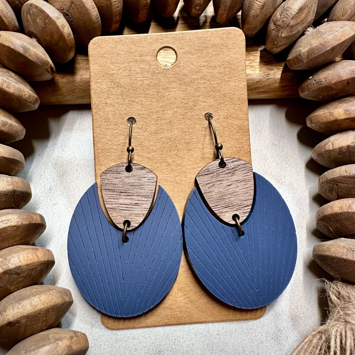 Blue Wood Textured Oval Dangle Earrings